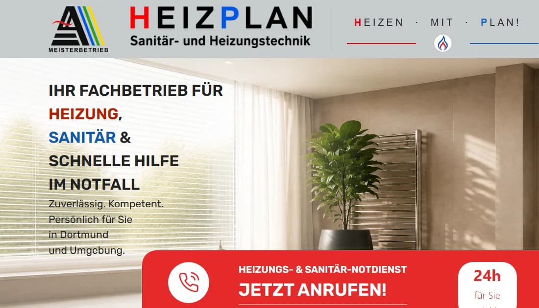 Startseite von Heizplan Technik mit Leistungen für Sanitär und Heizung