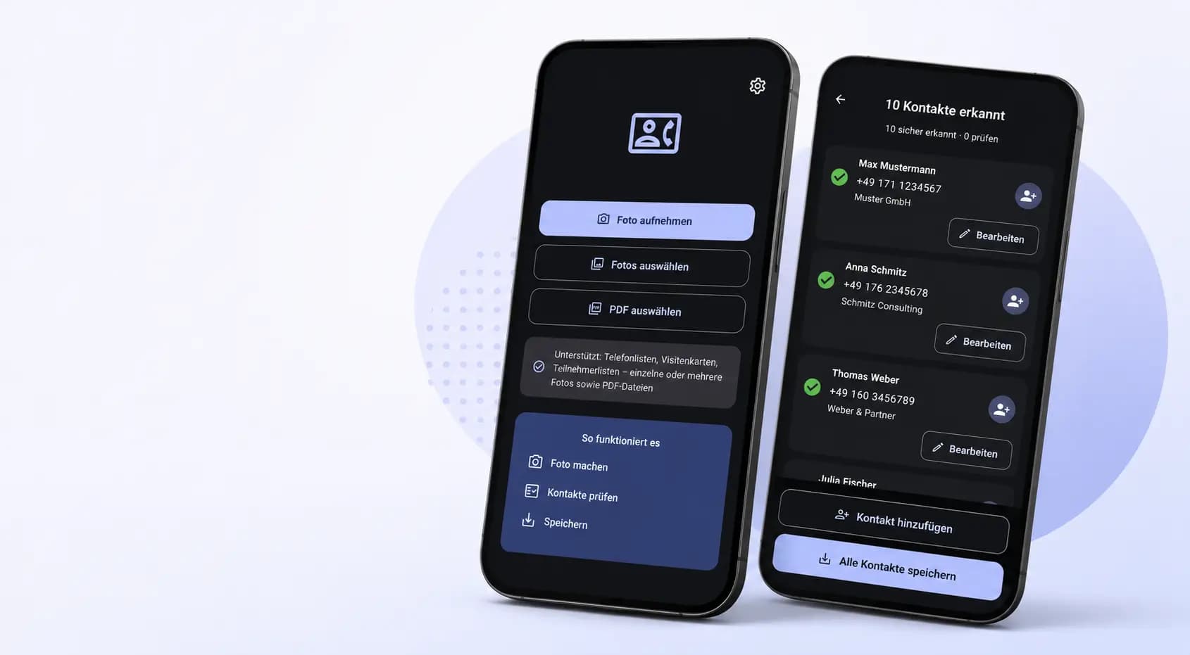 SnapContacts auf zwei Smartphones mit Fotoauswahl und erkannten Kontakten